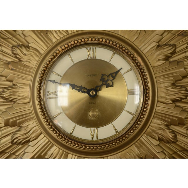 Gold 1970s Mid Century Welby Art Deco Style Starburst Wall Clock For Sale - Image 8 of 12