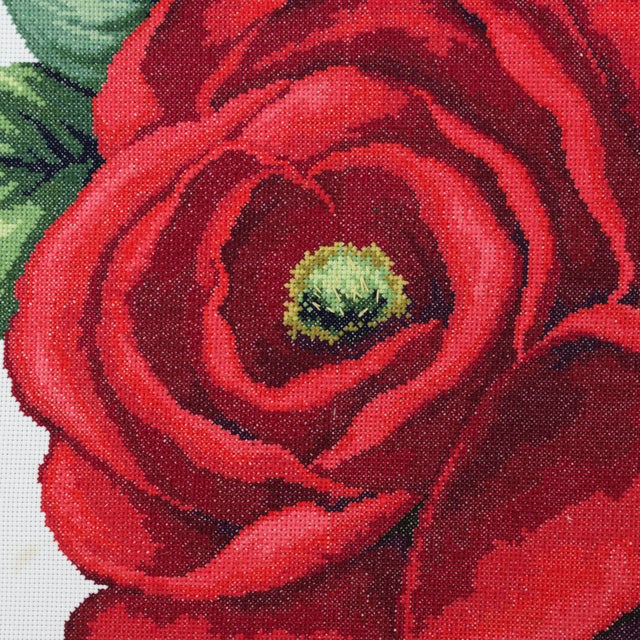 Traditional Vintage Floral Needlepoint Textile Art – Bold Red Rose Blossom and Botanical Leaf Motif For Sale - Image 3 of 9