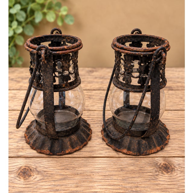 1920s Gothic Revival Pierced Metal and Glass Hanging Candle Lanterns, Pair For Sale - Image 4 of 10