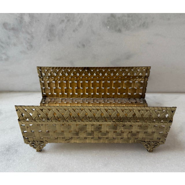 Mid-Century Modern Vintage Stylebuilt Brass Basket Weave Tissue Box or Towel Holder For Sale - Image 3 of 9