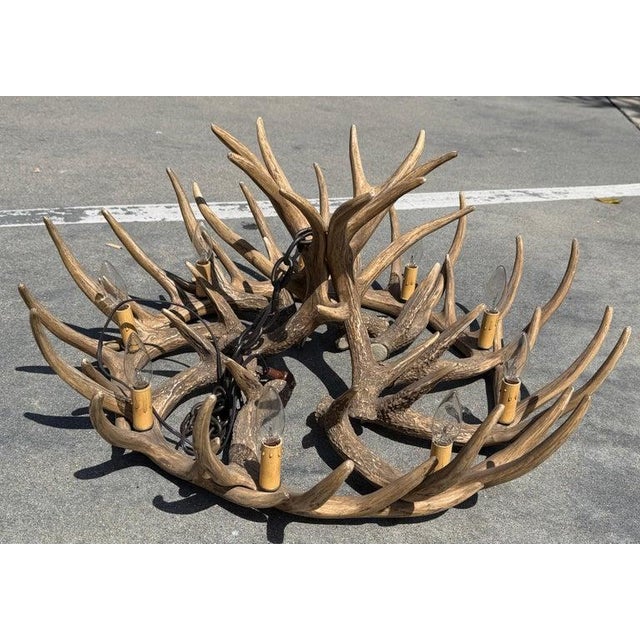 Wood 1940s Folky Wooden Elk Horn Chandelier For Sale - Image 7 of 7