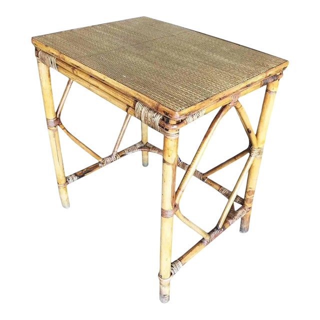 Restored Art Deco Blond Rattan Side Table W/ Rice Mat Top For Sale