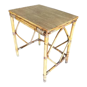 Restored Art Deco Blond Rattan Side Table W/ Rice Mat Top