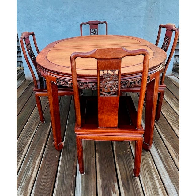 Chinese Vintage Chinese Traditional Hand Carved Dragon Design Solid Rosewood Dining Set Table and 4 Chairs For Sale - Image 3 of 18