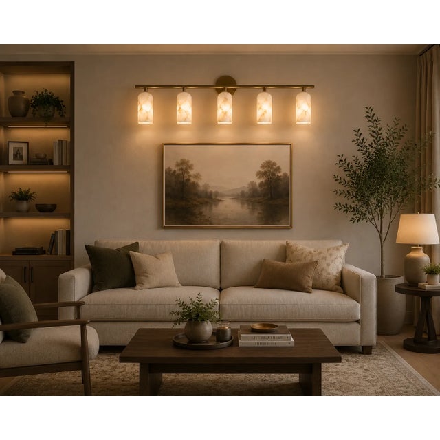 Not Yet Made - Made To Order Handcrafted Brass 5-Light Vanity Sconce With Natural Alabaster Shades Bathroom Mirror Light, Modern Luxury Wall Lighting For Sale - Image 5 of 8