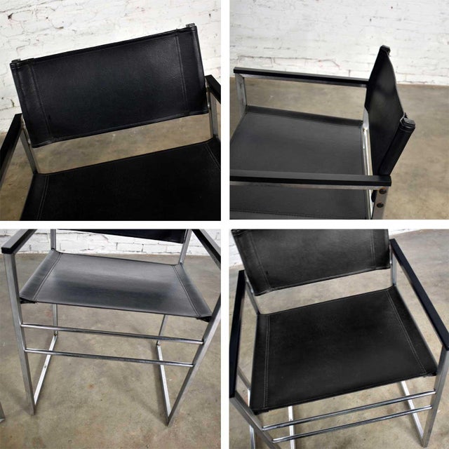 Vintage Chrome & Black Vinyl Faux Leather Sling Director’s Chairs Straight Legs, a Pair For Sale - Image 10 of 13