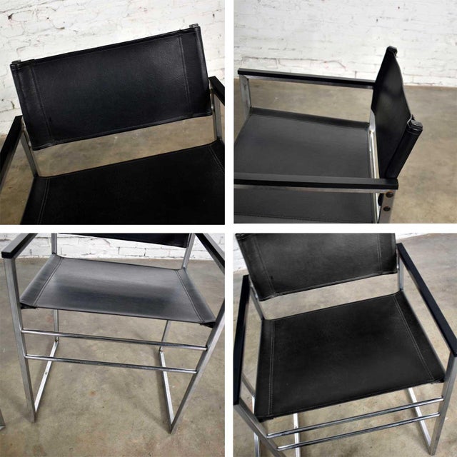 Vintage Chrome & Black Vinyl Faux Leather Sling Director’s Chairs Straight Legs, a Pair For Sale - Image 10 of 12