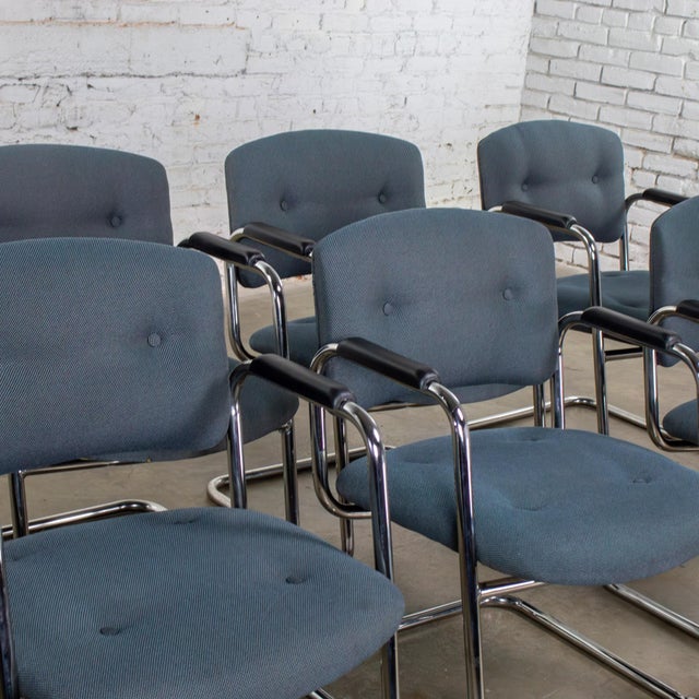 Metal Late 20th Century Modern Set of 6 Chrome Cantilever Chairs W/Gray Fabric by United Chair Company For Sale - Image 7 of 18
