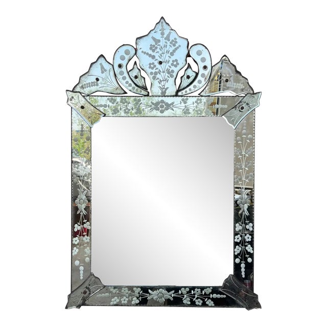 1940s Rectangular Venetian Mirror With Hand Etched Designs and Crest For Sale
