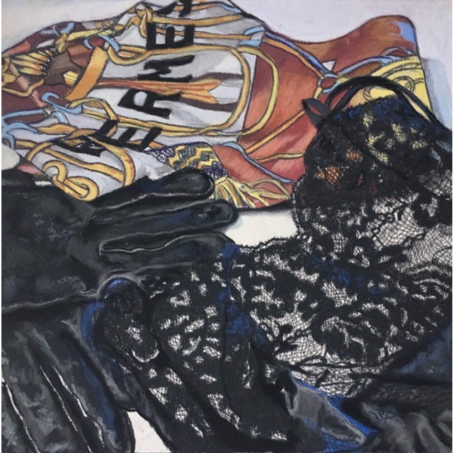 This artwork presents a striking arrangement of luxurious textures, featuring silk, leather, and lace in a harmonious...