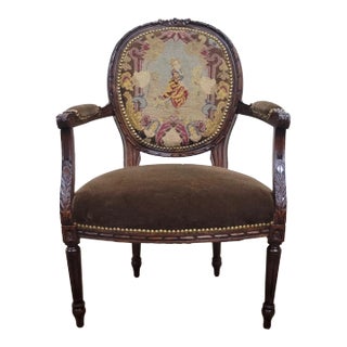 Vintage French Louis XVI Style Needlepoint Chair Fauteuil For Sale