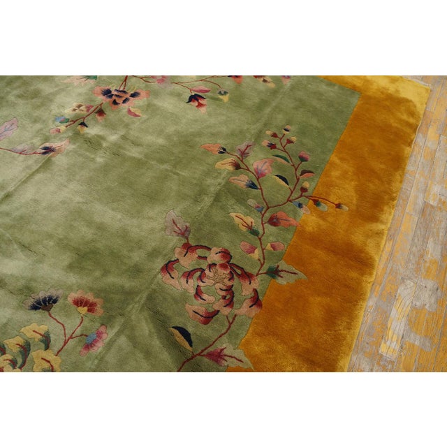 1920s Green Gold Floral Antique Chinese Art Deco Carpet by Nichols Workshop 9' X 11'6" Wool Rug For Sale - Image 11 of 12