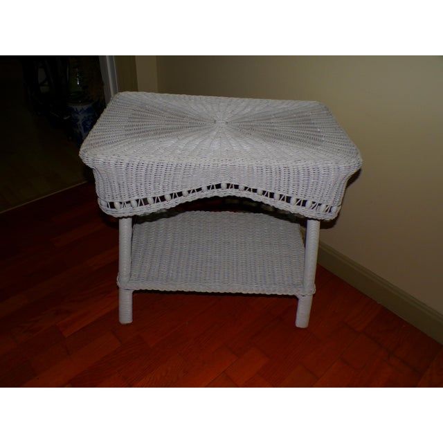 Vintage White Draped Wicker Rattan Sculpted Beaded Coffee Table Plant Stand For Sale - Image 16 of 18