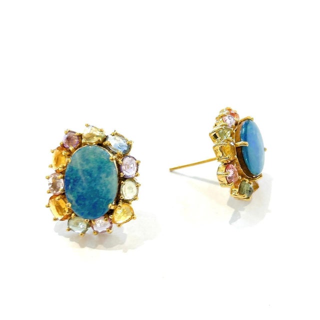 Bochic “Orient” Blue Opal & Multi Color Fancy Rose cut Sapphires Earrings Set In 18K Gold & Silver Natural Australian Blue...