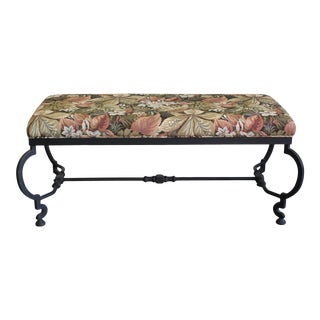 Vintage Iron Bench With Floral Upholstery For Sale