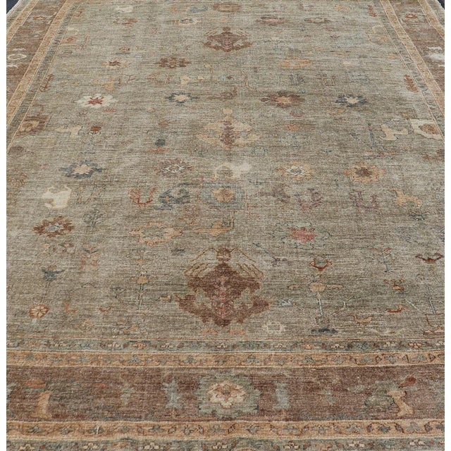 Early 21st Century Large Turkish Angora Oushak Rug in Washed Sage With Rust and Ivory 11'10 X 17'4 For Sale - Image 5 of 17