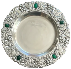 1990s Arthur Court 14" Repousse Pewter Platter With Imitation Malachite Cabochons