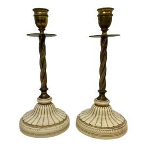 Pair of Antique Victorian Twisted Brass and Gold Trimmed Porcelain Candlesticks From England - Circa 19th Century