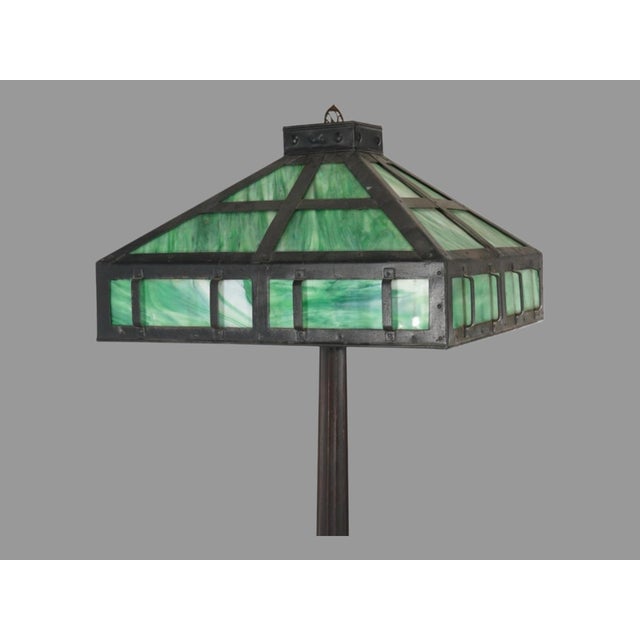 Early 20th Century Mission Arts & Crafts Style Metal Framed Slag Glass Floor Lamp Carved Wood Base For Sale - Image 4 of 10