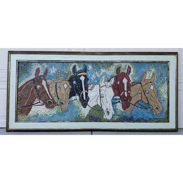 Mid-Century Modern Rare Tracy S Brown 1958 Mid Century Mosaic Ceramic Tile Horses Wall Art Panel Framed For Sale - Image 3 of 12