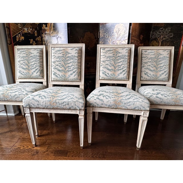 Jean-Michel Frank attr, Louis XVI Style, Four Dining or Side Chairs, Parchment over Wood, Fabric, France c. 1930s Set of...