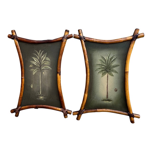 Late 20th Century Palm Tree Botanical Paintings, Bamboo Framed Pair — Coastal Tropical Wall Art For Sale