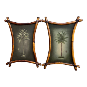 Late 20th Century Palm Tree Botanical Paintings, Bamboo Framed Pair — Coastal Tropical Wall Art
