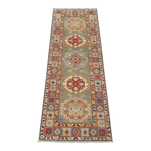 Kazak Runner 2’1” X 5’7” Gray Wool Tribal Hand-Knotted Oriental Rug For Sale