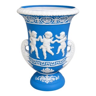 Vintage MCM Wedgewood Blue Two-Handled Urn Vase For Sale