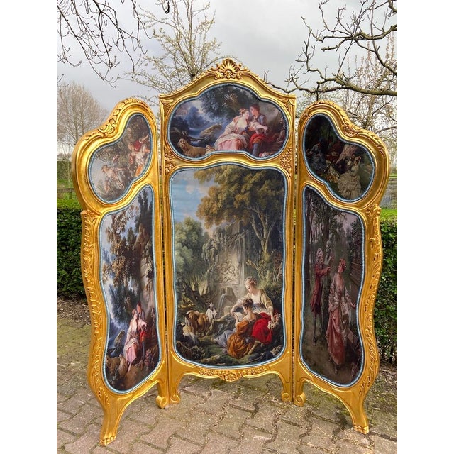 Late 20thC French Louis XVI Gold Beech Room Divider Screen - 3 Panels For Sale - Image 18 of 18