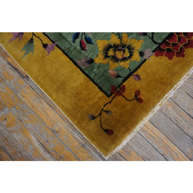 Lovely Celadon Background and Gold Color Border With Pretty Floral Design Antique Chinese Art Deco Rug For Sale - Image 9 of 11