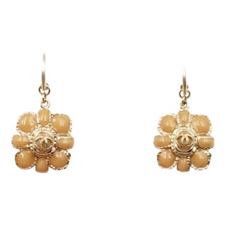 Chanel Gold CC Peach Flower Dangle Hoop Piercing Earrings, A Pair For Sale
