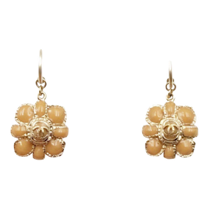 Chanel Gold CC Peach Flower Dangle Hoop Piercing Earrings, A Pair