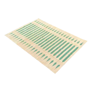 Handwoven Cotton Area Rug, Vegetable Dyed Yellow and Green Striped Dhurrie - 4'x6'