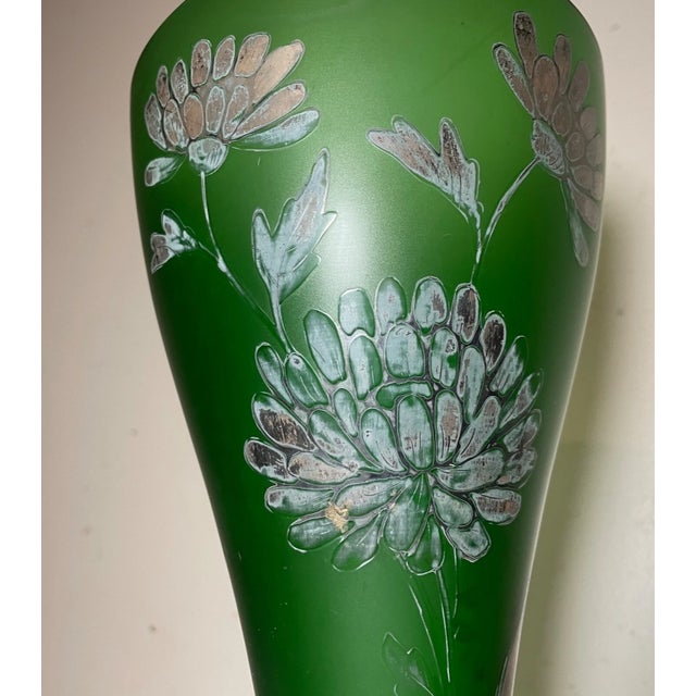 Glass Tall Antique Sterling Silver Overlay Cameo Frosted Green Glass Flower Vase For Sale - Image 7 of 12