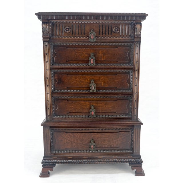 Fine Ornate Carved Oak 5 Drawers Bracket Feet Decorative Chest c1900s MINT For Sale - Image 12 of 18