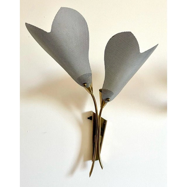 Metal Pair of Italian Mid-Century Modern Sculptural Flower Sconces, Brass, 1940s For Sale - Image 7 of 12