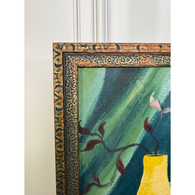 Wood Vintage Modern Expressionism Still Life Gold Framed Original Oil Painting, Green, Yellow, Blue Gray For Sale - Image 7 of 12