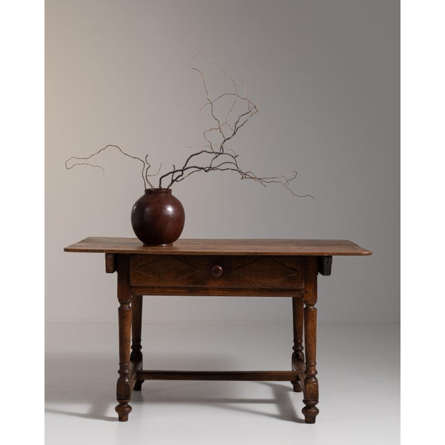 19th Century French Chestnut Brown Oak Table with Single Drawer For Sale - Image 12 of 15