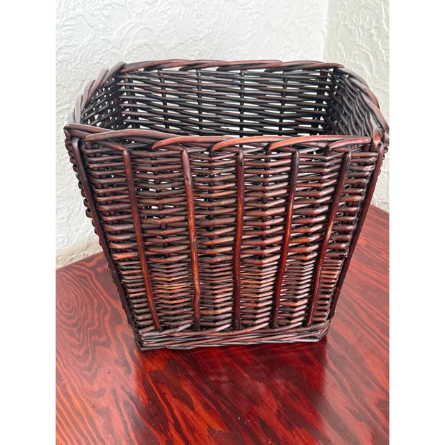 Late 20th Century Dark Brown Woven Wicker Waste Basket For Sale - Image 6 of 8