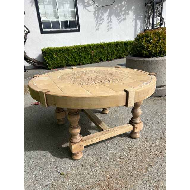 Vintage Round Carved Wood Coffee Table With Tiled Inlay Top For Sale - Image 12 of 16