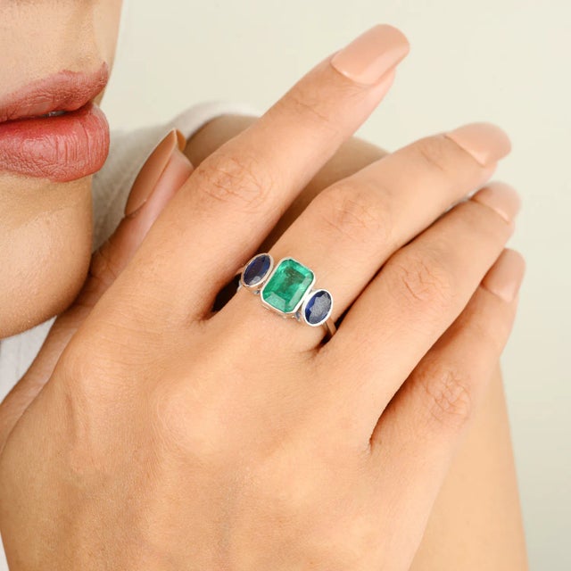 Unique Blue Sapphire and Emerald Wedding Ring for Her in 14K Gold featuring natural blue sapphire and emerald of 2.53...