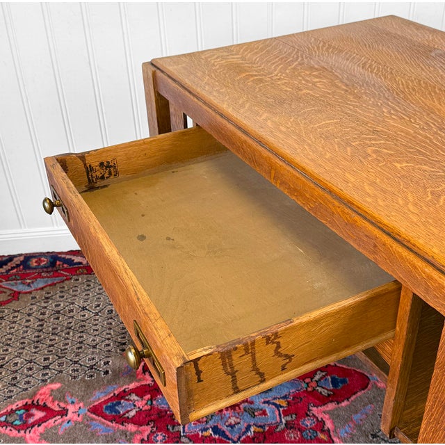 Antique Charles Limbert Arts & Crafts Quartersawn Oak Writing Desk W/ Bookshelf For Sale - Image 9 of 17