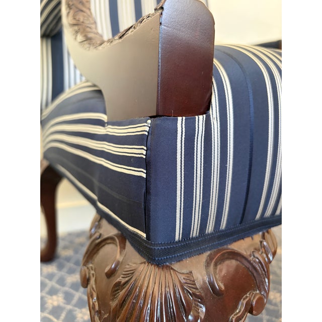 Kittinger Pair of Kittinger Mahogany Carved Library Armchairs in Ralph Lauren Pinstripe Silk For Sale - Image 4 of 12