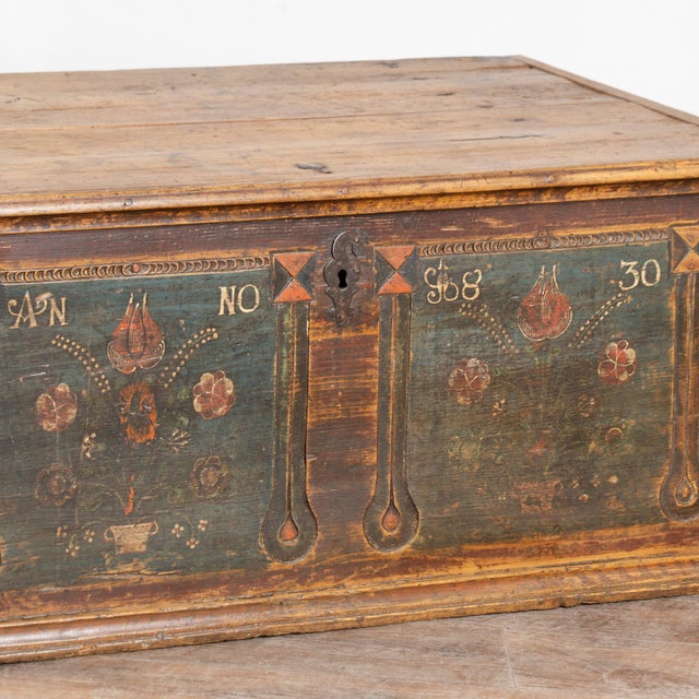 Blue Hand-Painted Pine Flat Top Trunk From Hungary Dated 1830 For Sale - Image 8 of 11