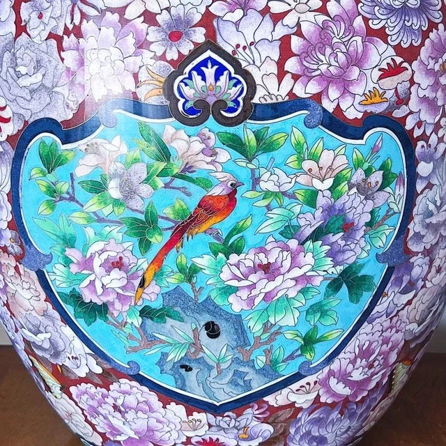 Pink Early 20th Century Large Japanese Cloisonne Jardiniere Depicting Birds and Flowers, a Pair For Sale - Image 8 of 13