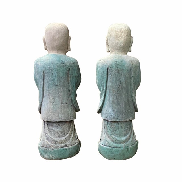 2010s Pair Chinese Color Rustic Wood Standing Lohon Monk Statues For Sale - Image 5 of 6