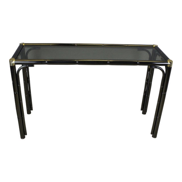 Mid Century Faux Bamboo Metal Console With Glass Top For Sale