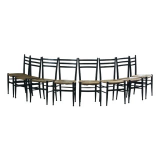 Vintage Italian Papercord Black Dining Chairs with Woven Seat, 1950s, Set of 8 For Sale