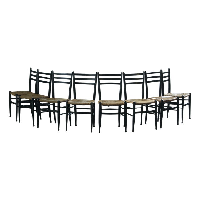 Vintage Italian Papercord Black Dining Chairs with Woven Seat, 1950s, Set of 8 For Sale